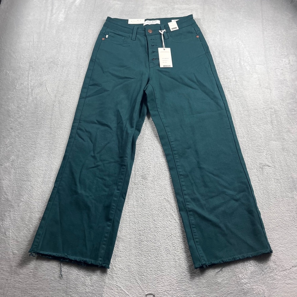 Judy Blue Womens High Waist Wide Leg Crop Teal Jeans Raw Hem JB88104 C Size 3/26